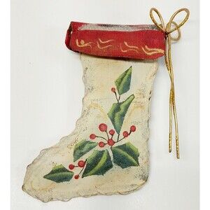 VTG Mistletoe Stocking Ornament Mesh Hand Paint Gold Wire Ribbon Glitter Rustic
